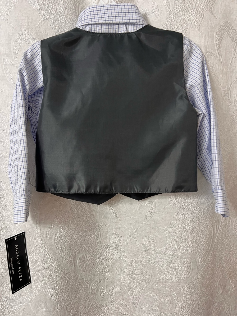 Andrew Fezza Boy's Navy Pinstripe 4-Piece Suit Set with Tie Vest and Plaid Shirt - Picture 2 of 5